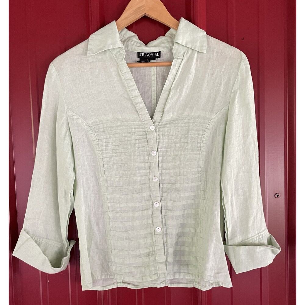 Tracey M Top‎ Linen V Neck Button Up Womens Medium Minimalist